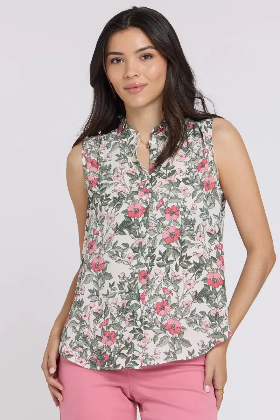NYDJ Sleeveless Ruffle Neck Bluse Primrose Garden floral