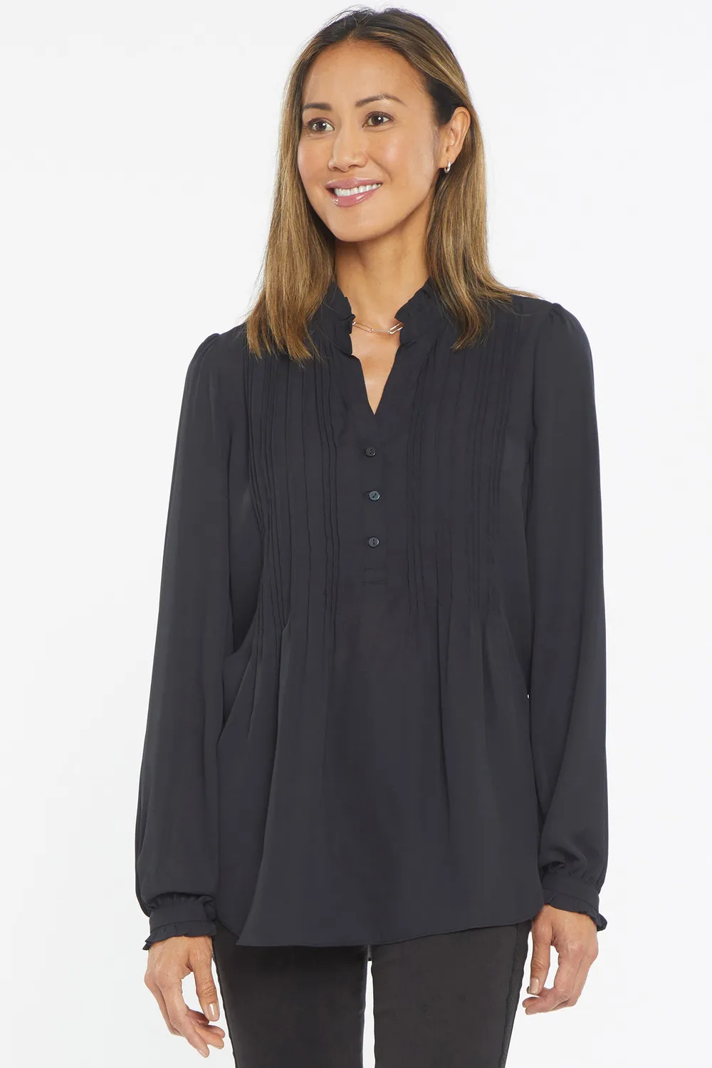 NYDJ Pleated Front Tunika Schwarz Langarm mit Rüschen