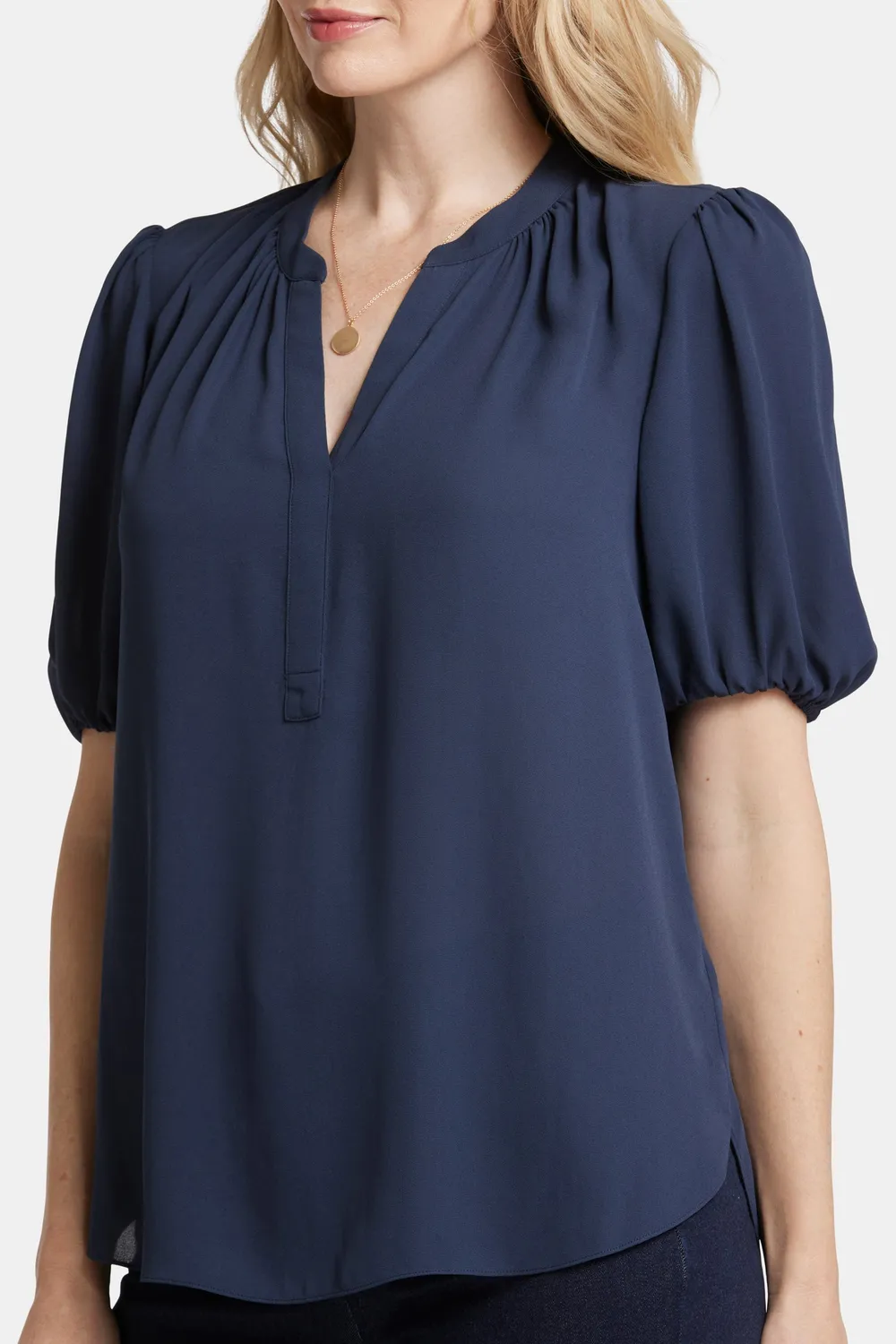 NYDJ Short Puff Sleeve Popover Bluse Navy