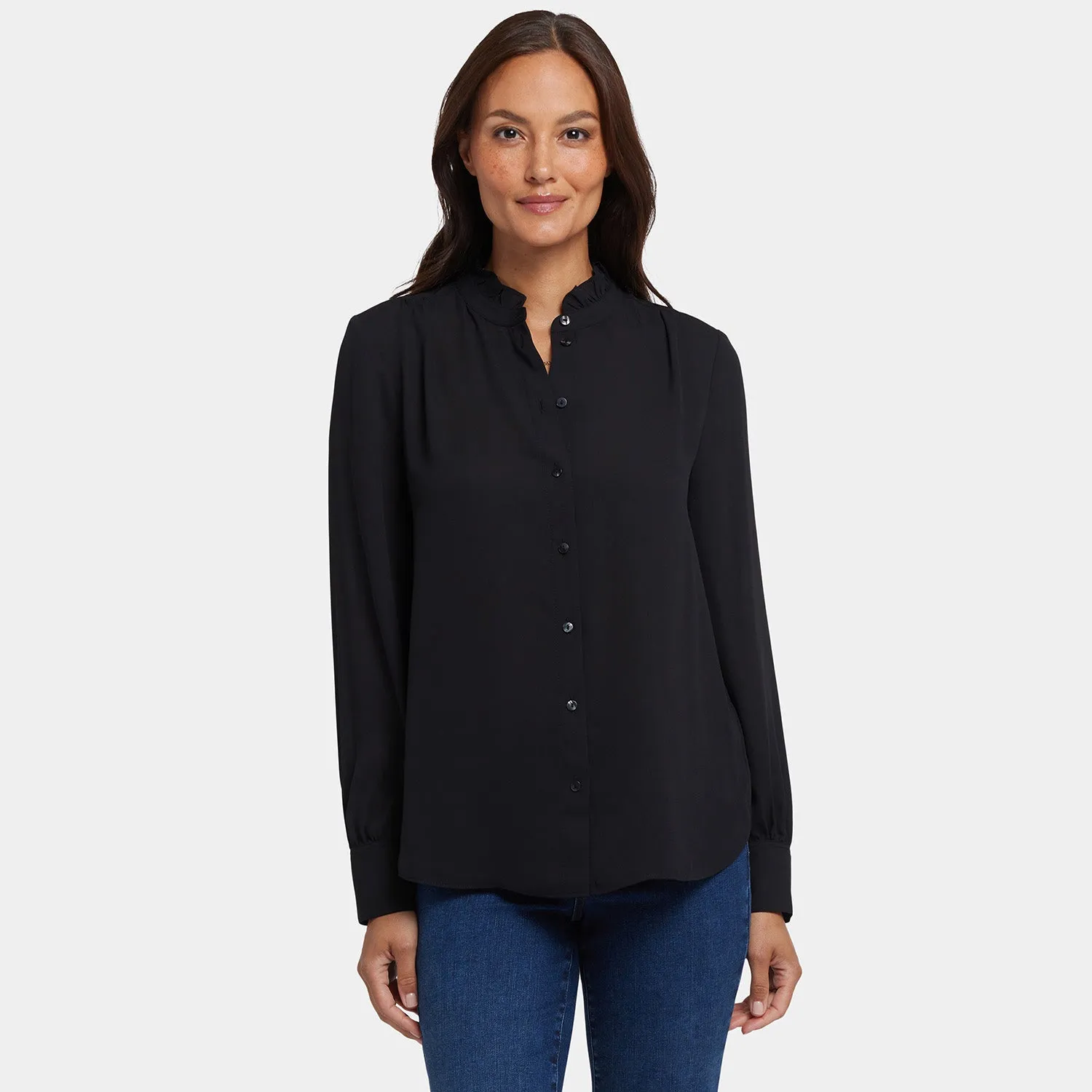 NYDJ Ruffle Neck Bluse Schwarz Rüschenkragen