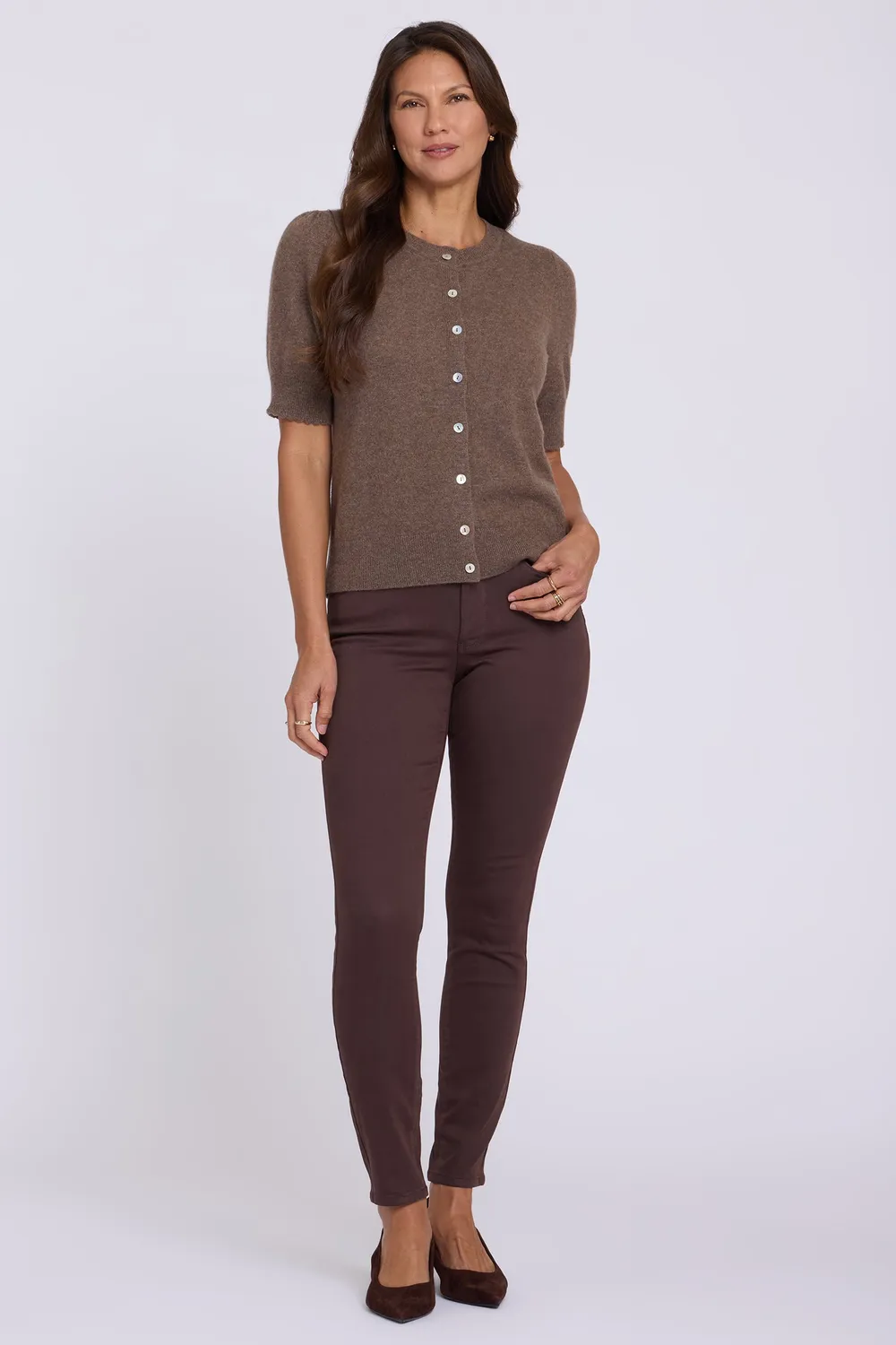 NYDJ Cashmere Short Sleeved Crewneck Cardigan Strickjacke Sepia