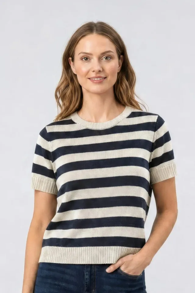 NYDJ Short Sleeved Striped Top Shirt Blue Stripe