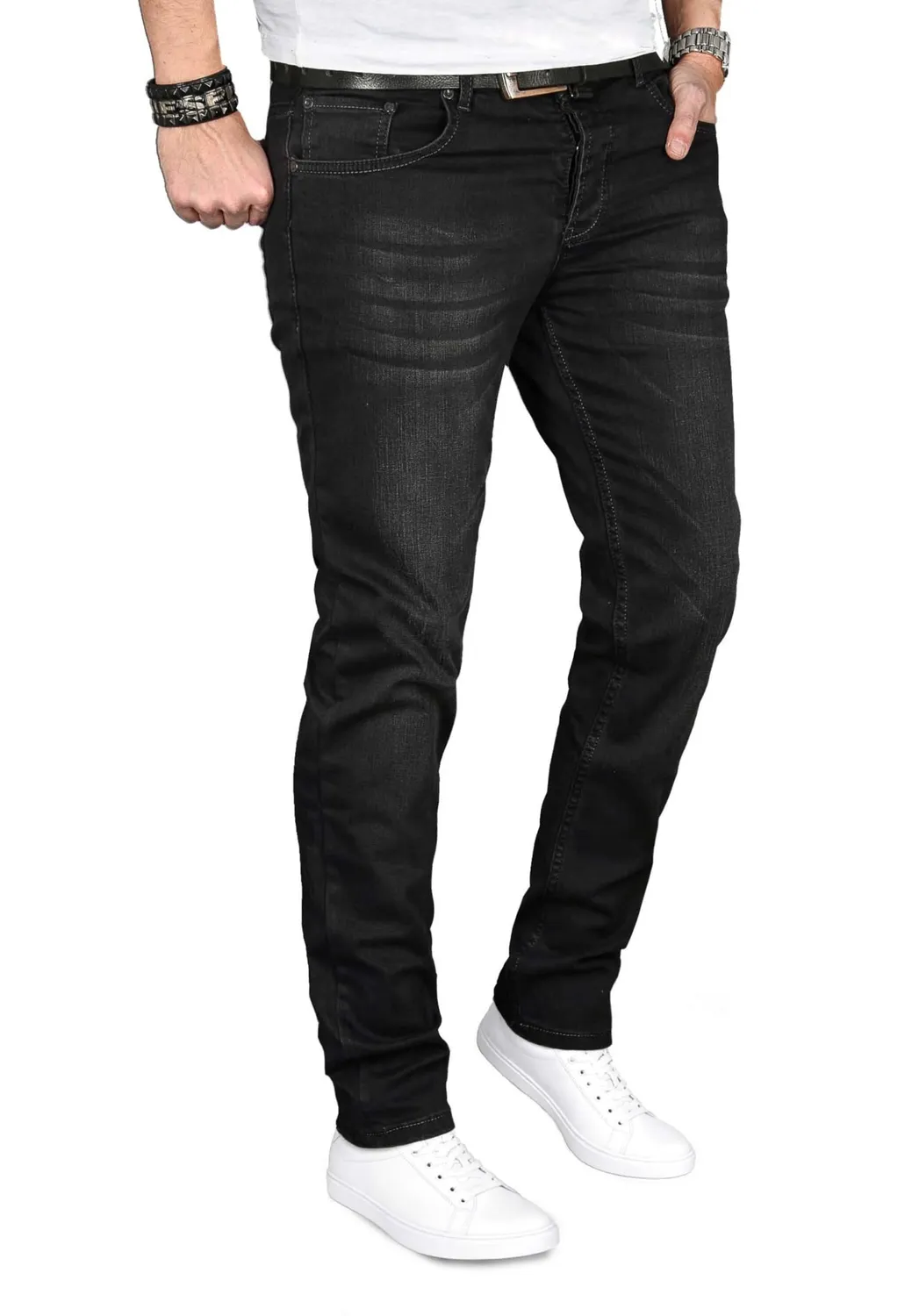 Alessandro Salvarini Herren Slim Fit Jeans Stretch Dunkelblau Washed