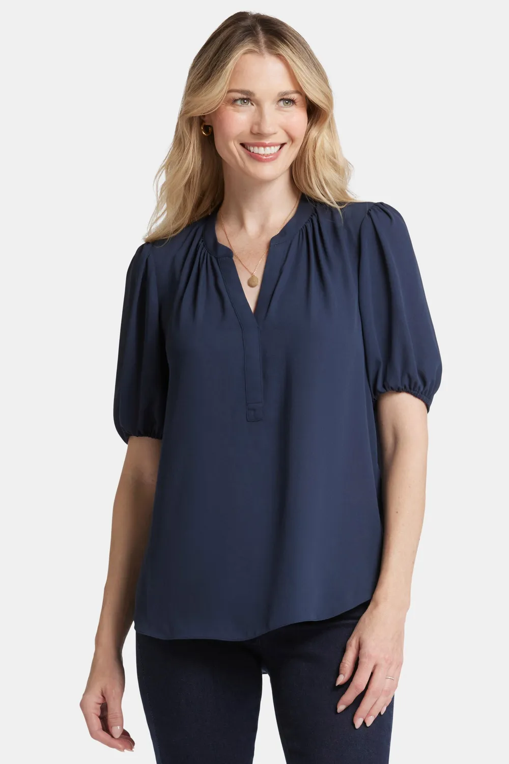 NYDJ Short Puff Sleeve Popover Bluse Navy