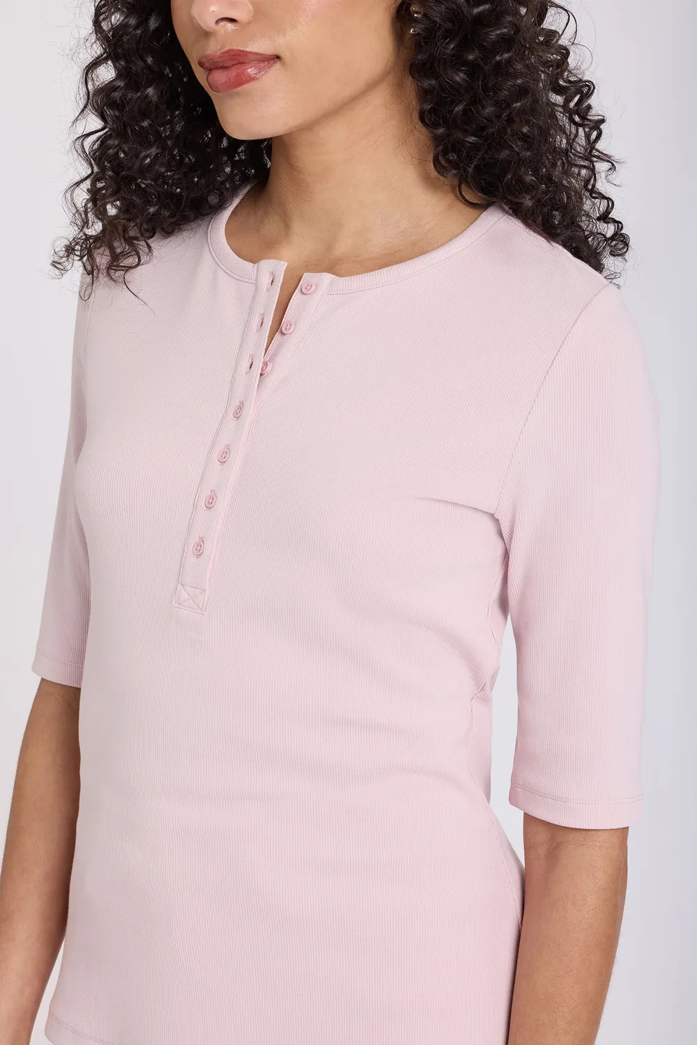 NYDJ Ribbed Elbow Henley Shirt Rock Flower Knopfleiste