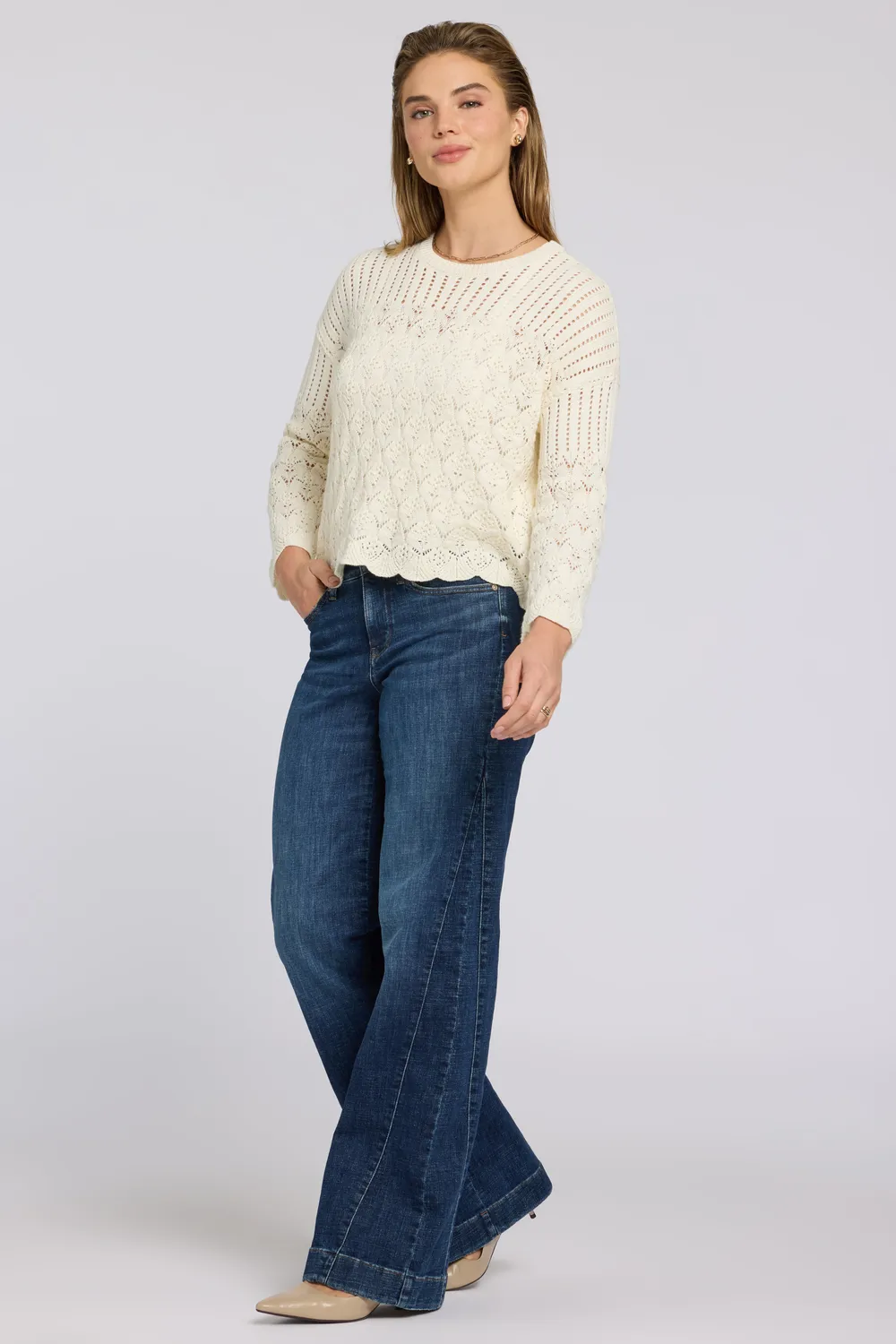 NYDJ Pointelle Popover Bluse Elfenbein Langarm