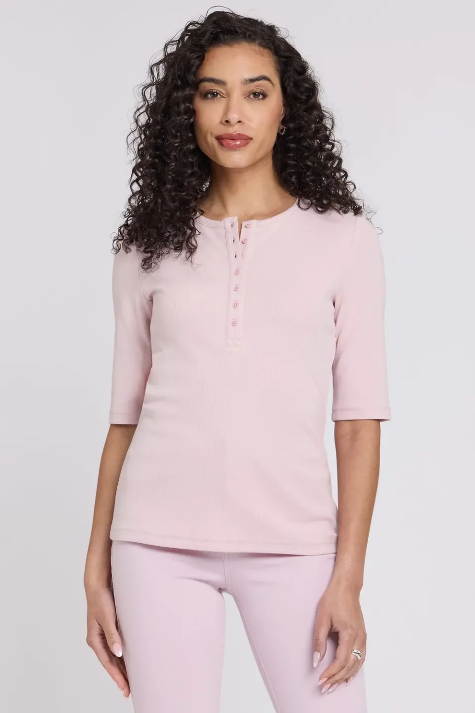 NYDJ Ribbed Elbow Henley Shirt Rock Flower Knopfleiste