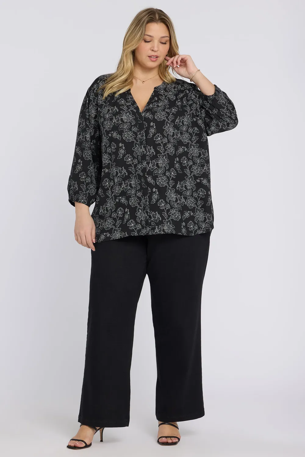 NYDJ Pintuck Bluse Floralesque 3/4-Arm Plus