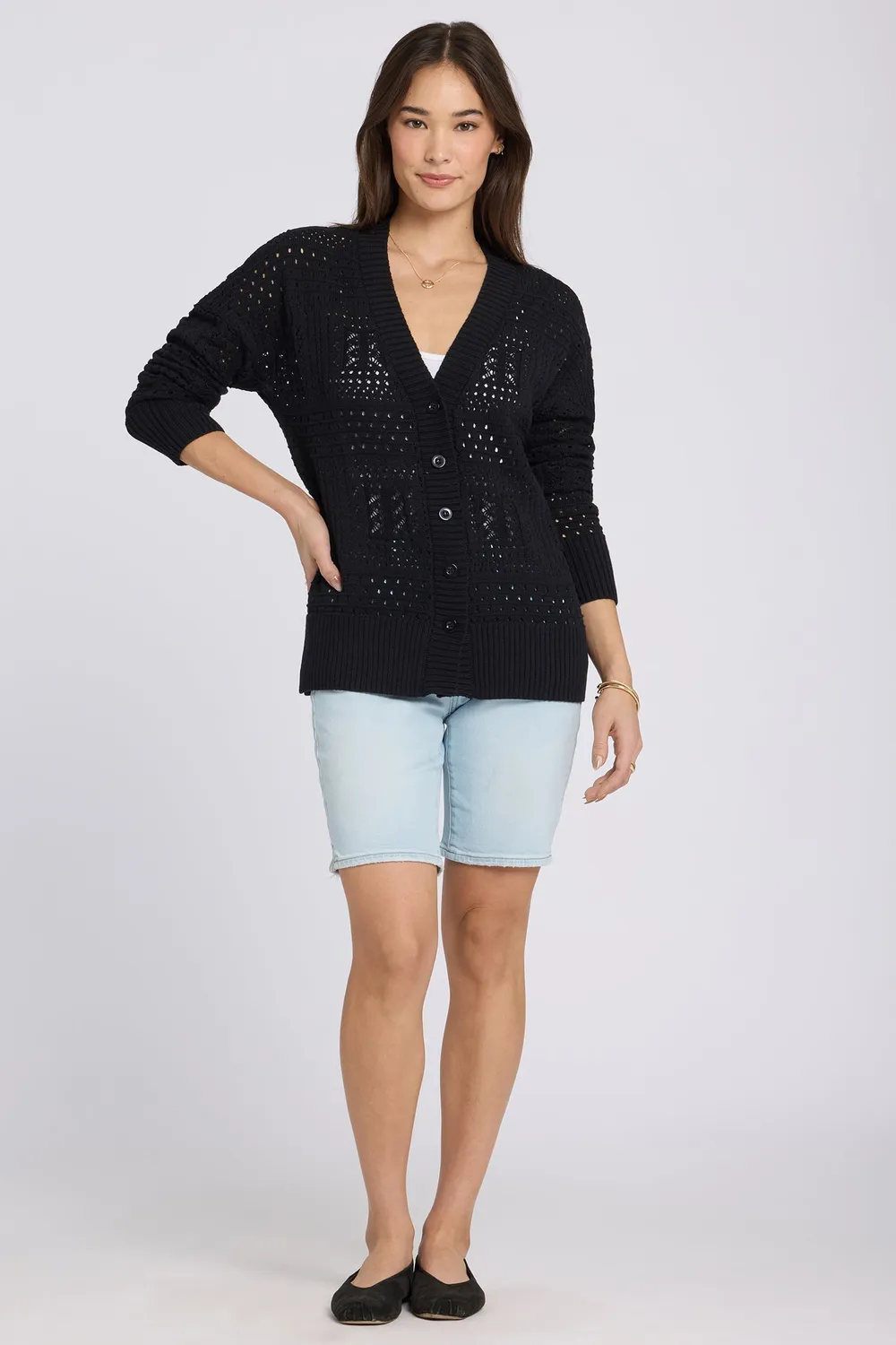 NYDJ Pointelle Cardigan Strickjacke Schwarz Lochstrick