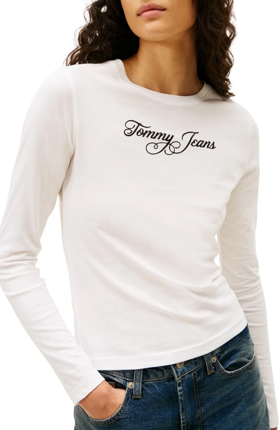 Tommy Jeans L/S T-Shirt Damen Langarm Navy Weiß