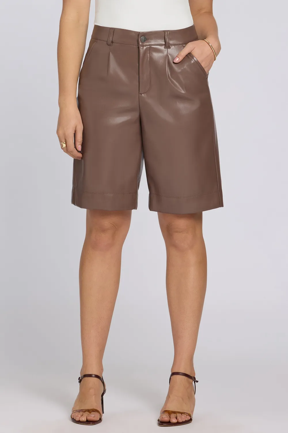 NYDJ Relaxed Bermuda Shorts Kunstleder Deep Taupe High Waist