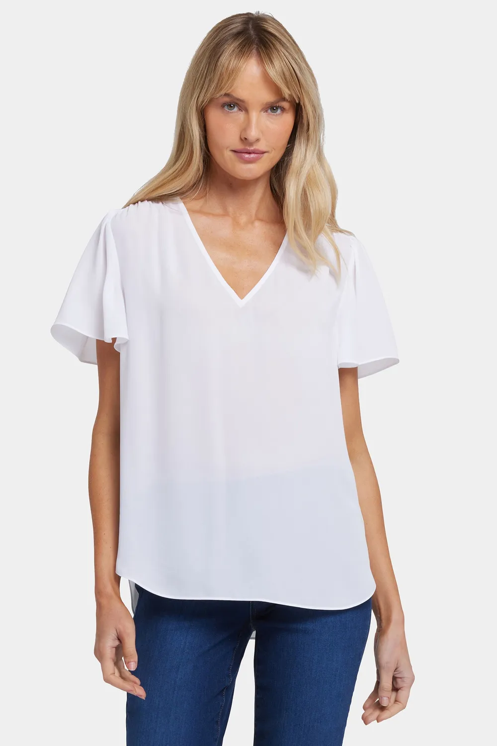 NYDJ Pleated Flutter Bluse Optic White V-Ausschnitt