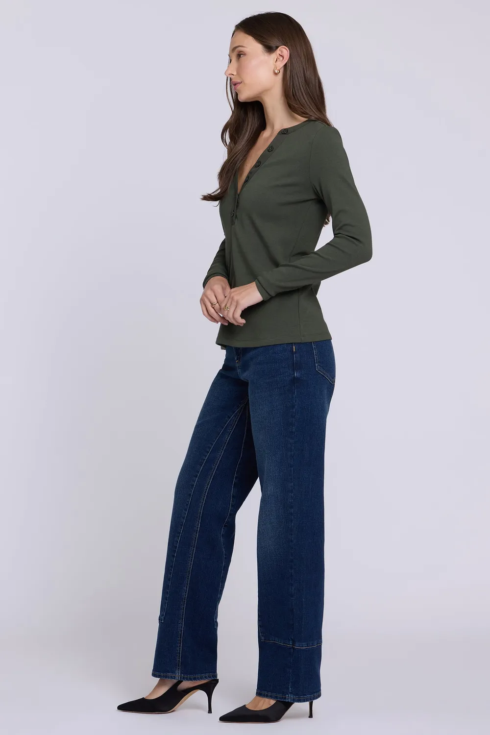 NYDJ Emery Ribbed Henley Pullover True Olive