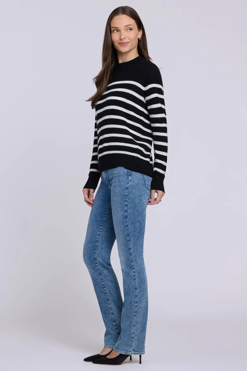 NYDJ Striped Cashmere Crewneck Sweater Pullover Black Ivory Rundhals