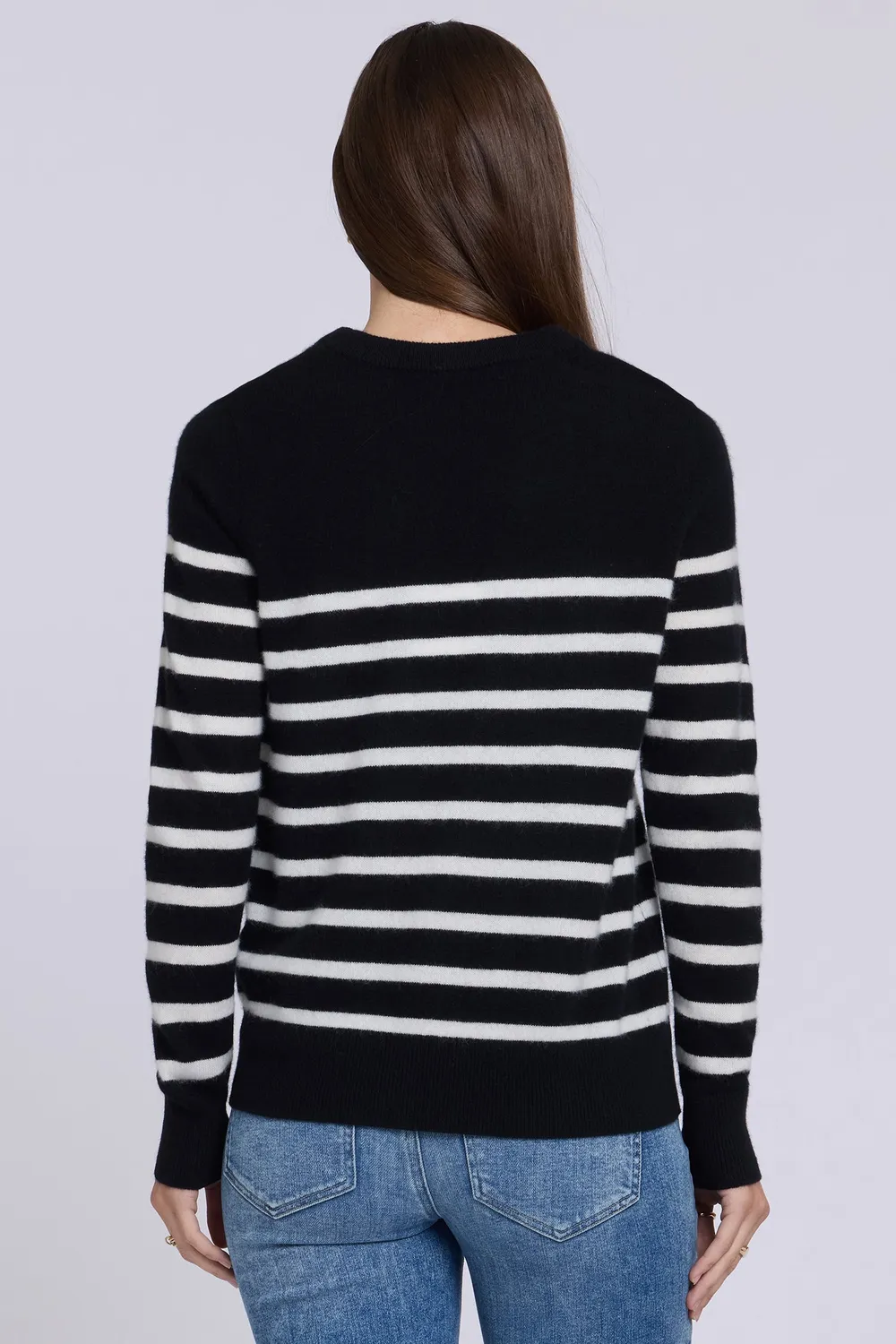 NYDJ Striped Cashmere Crewneck Sweater Pullover Black Ivory Rundhals