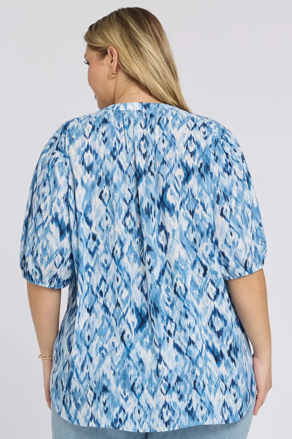 NYDJ Short Puff Sleeved Popover Top Bluse Blue Visions Plus