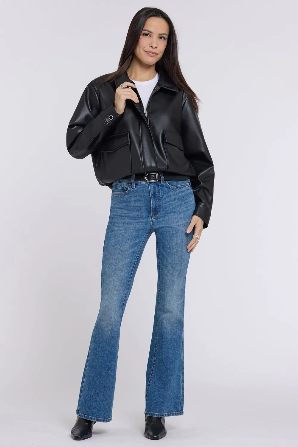 NYDJ Faux Leather Baseball Jacke Schwarz Stretch