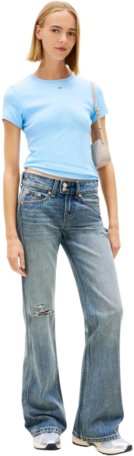 Tommy Jeans Essential Rib T-Shirt Damen L Hellblau Slim