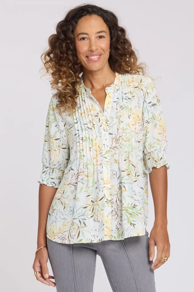 NYDJ Plissee Bluse kurzarm Chateau Jardin Gelb