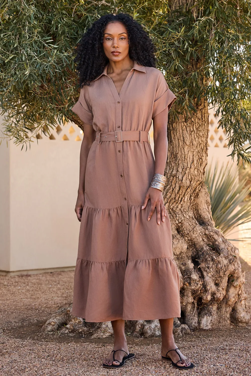 NYDJ Belted Tiered Shirtdress Kleid Toasted Coconut