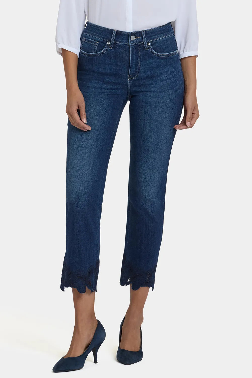 NYDJ Marilyn Straight Ankle Jeans Wonderland Stickerei Blau