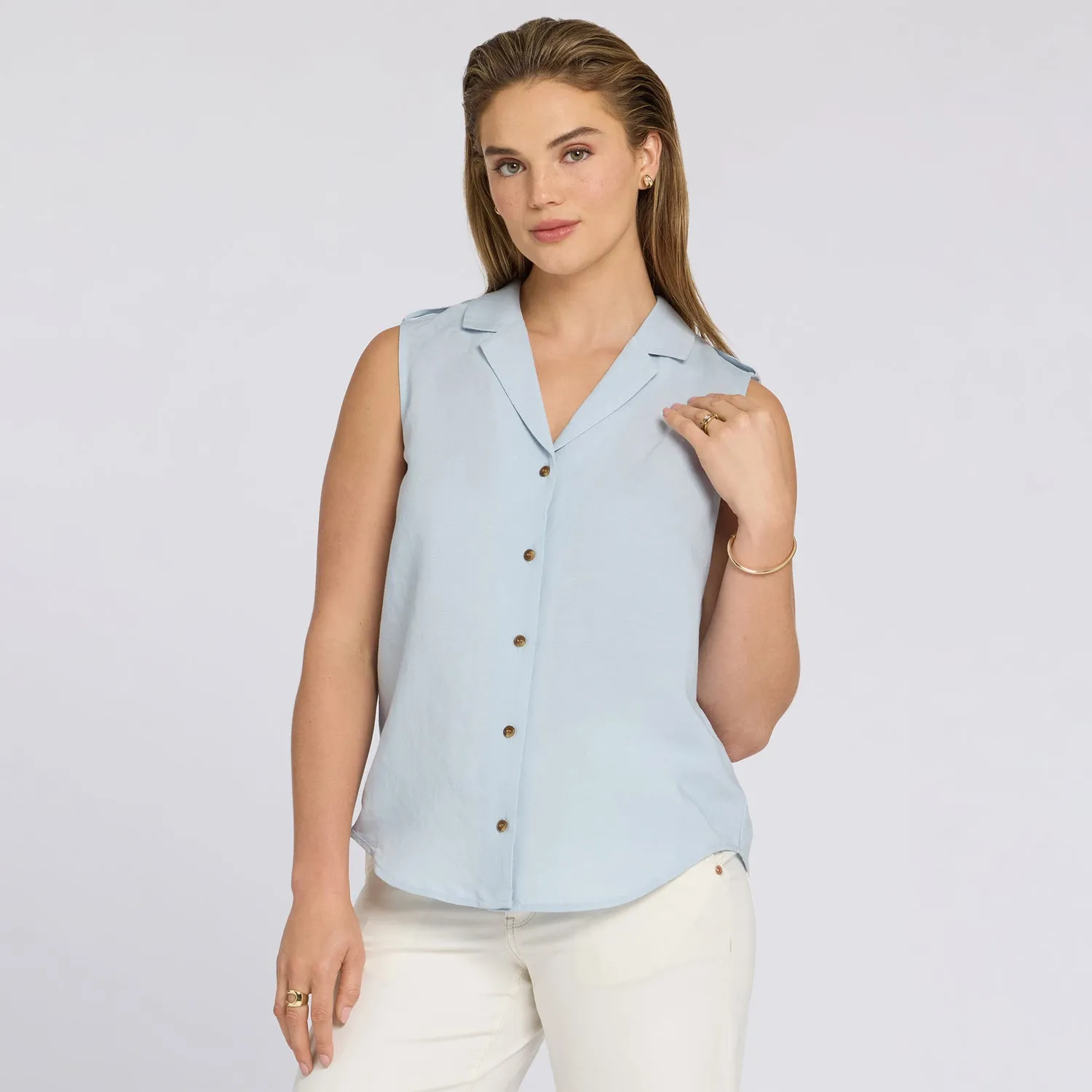 NYDJ Gabrielle Bluse Blue Clover ärmellos Leinenmix