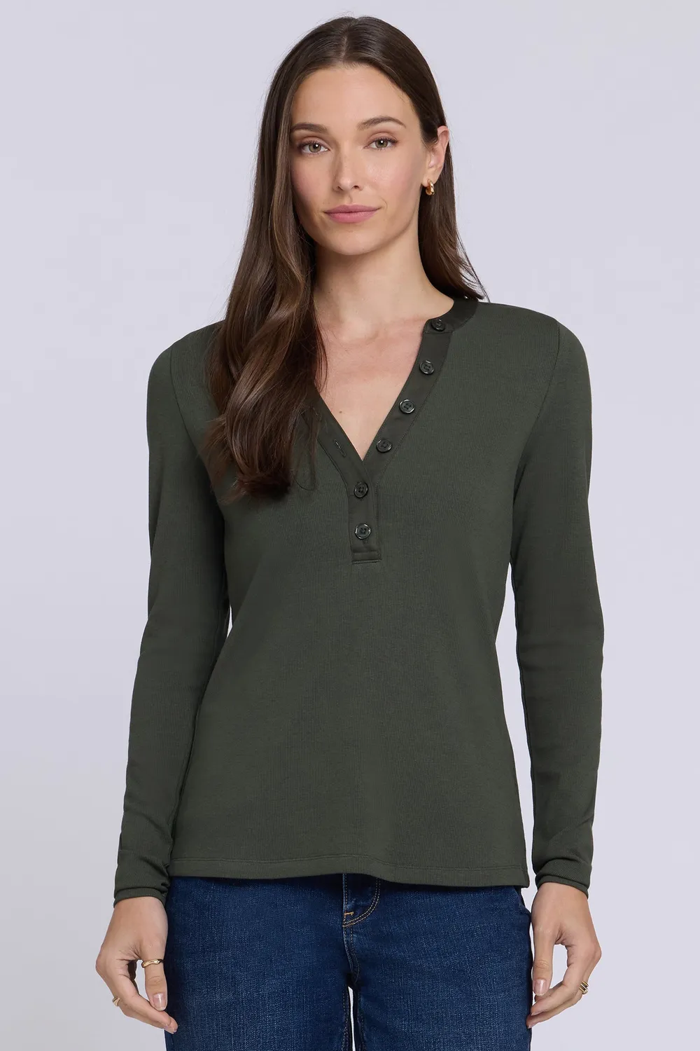 NYDJ Emery Ribbed Henley Pullover True Olive
