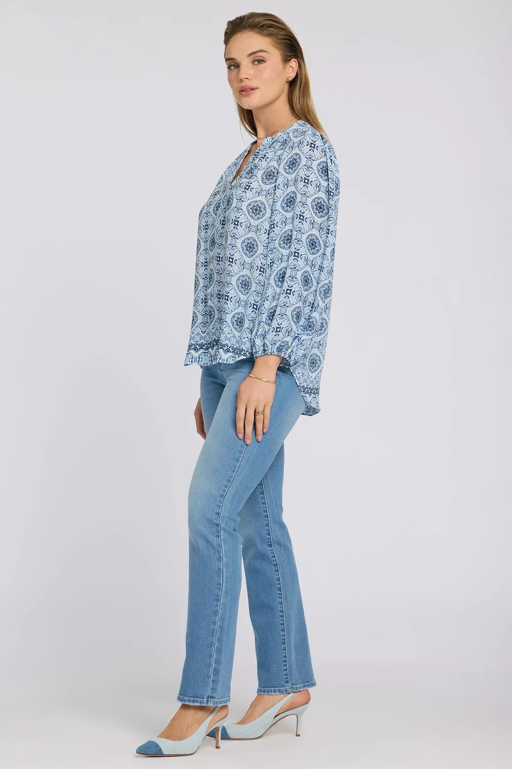 NYDJ Puff Sleeved Popover Bluse Azure Sky Georgette