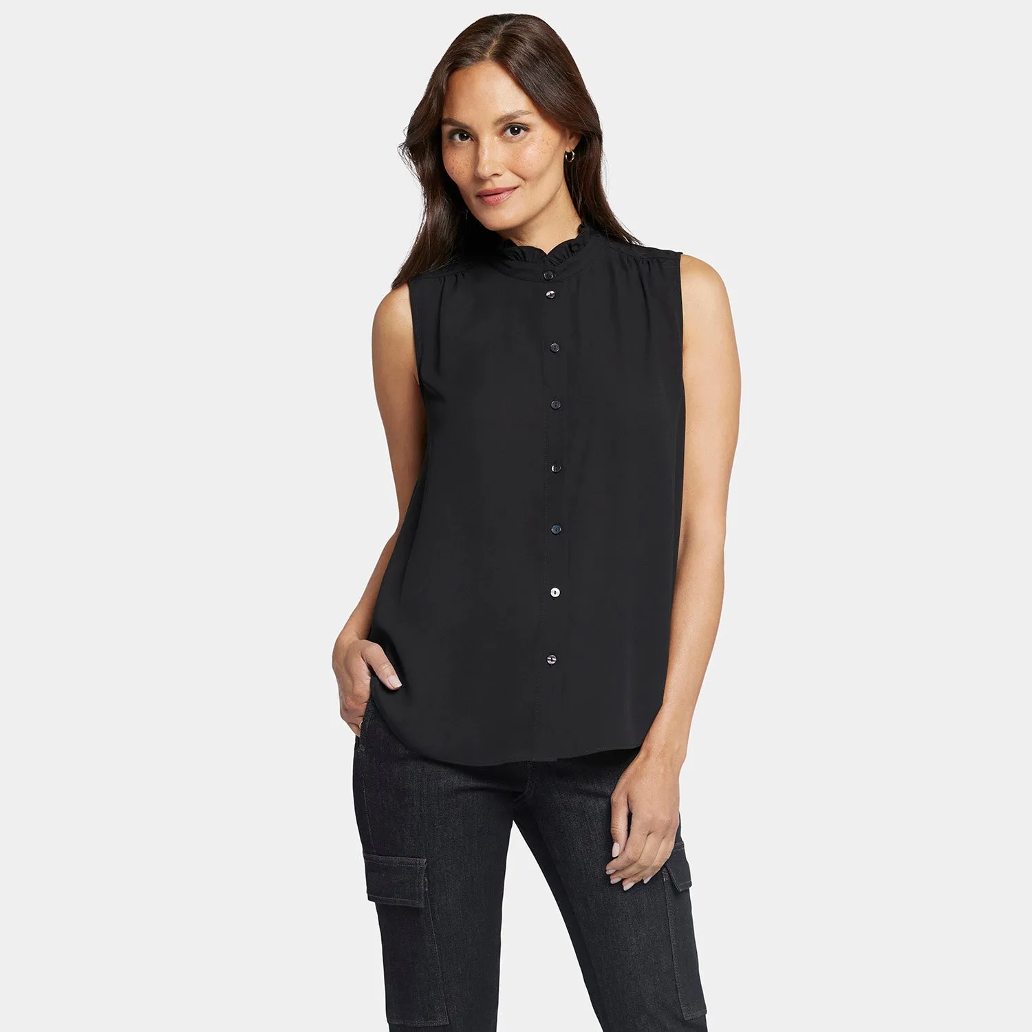 NYDJ Ruffle Neck Bluse Schwarz Ärmellos