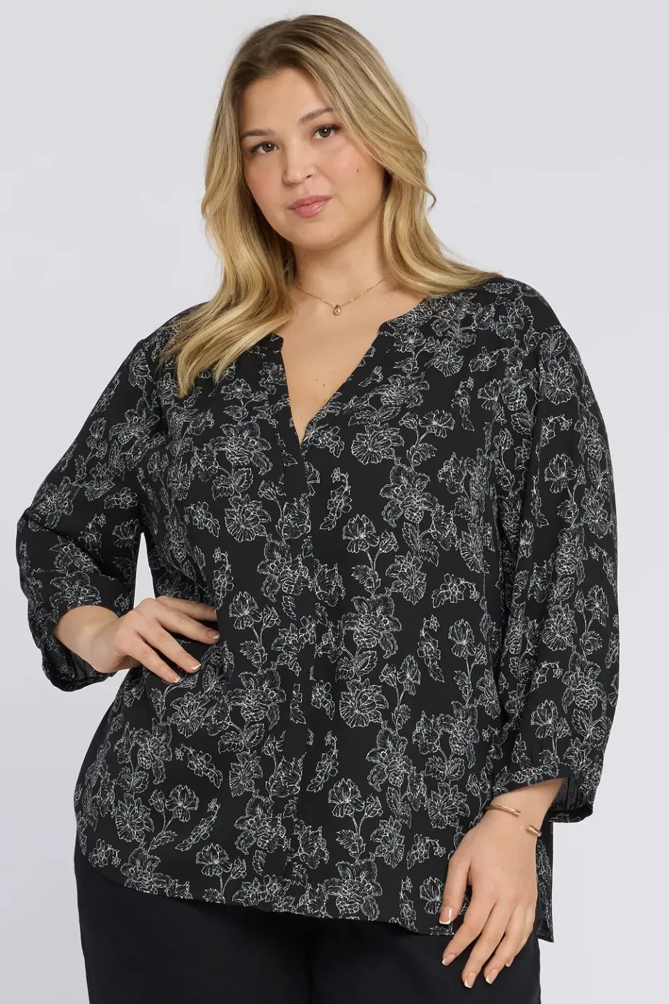 NYDJ Pintuck Bluse Floralesque 3/4-Arm Plus