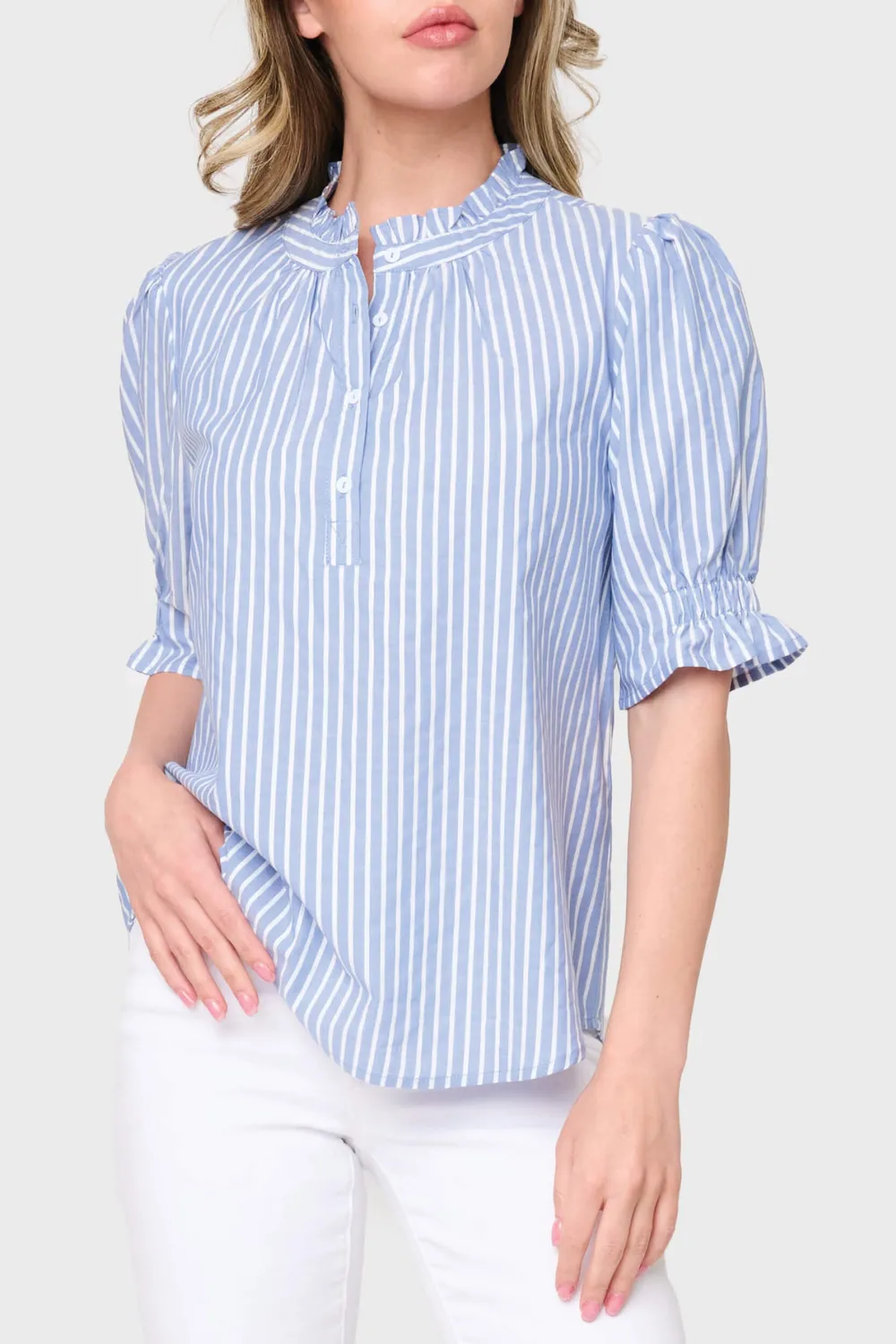Gibsonlook Dianthus Henley Bluse French Blue Stripe