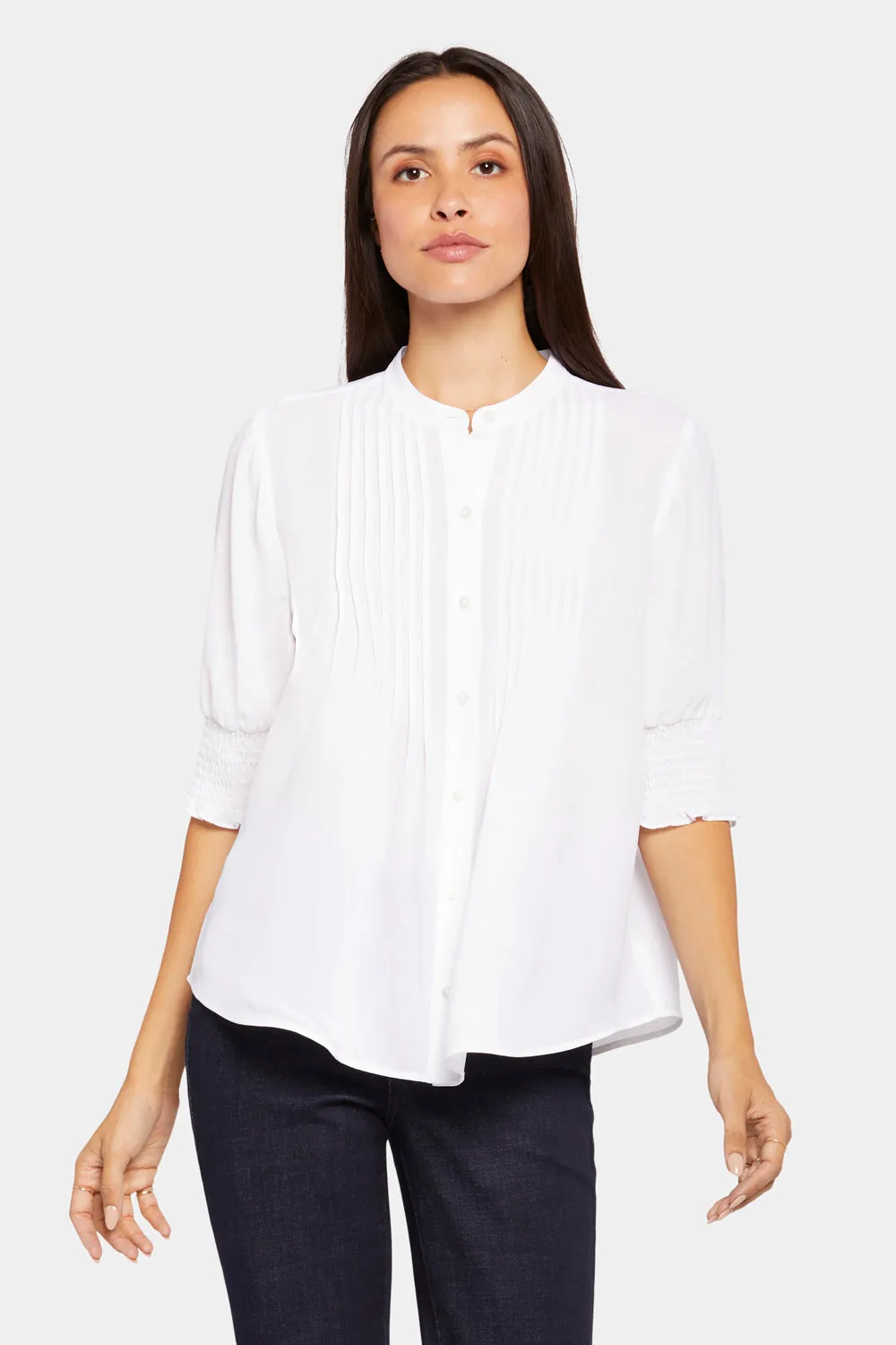 NYDJ Pleated Bluse Optic White Kurzarm mit Smok