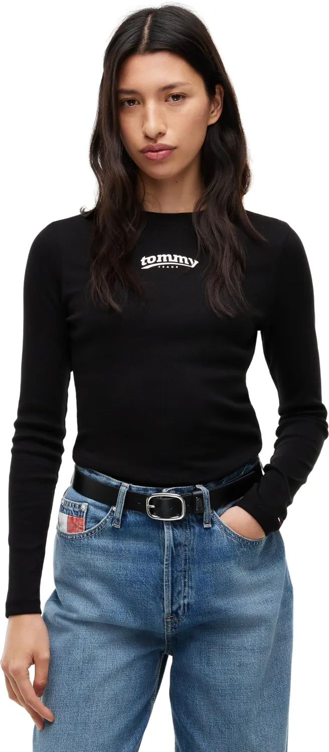 Tommy Jeans Slim ESS Logo Langarmshirt Weiß Ecru
