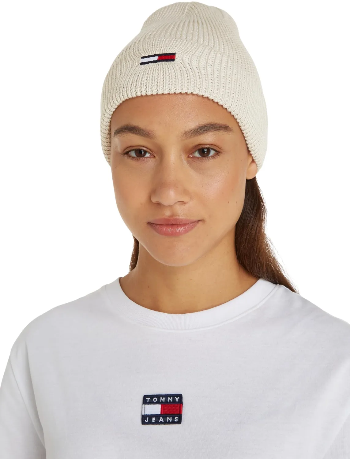 Tommy Jeans Elongated Flag Beanie Damen Mütze Beige