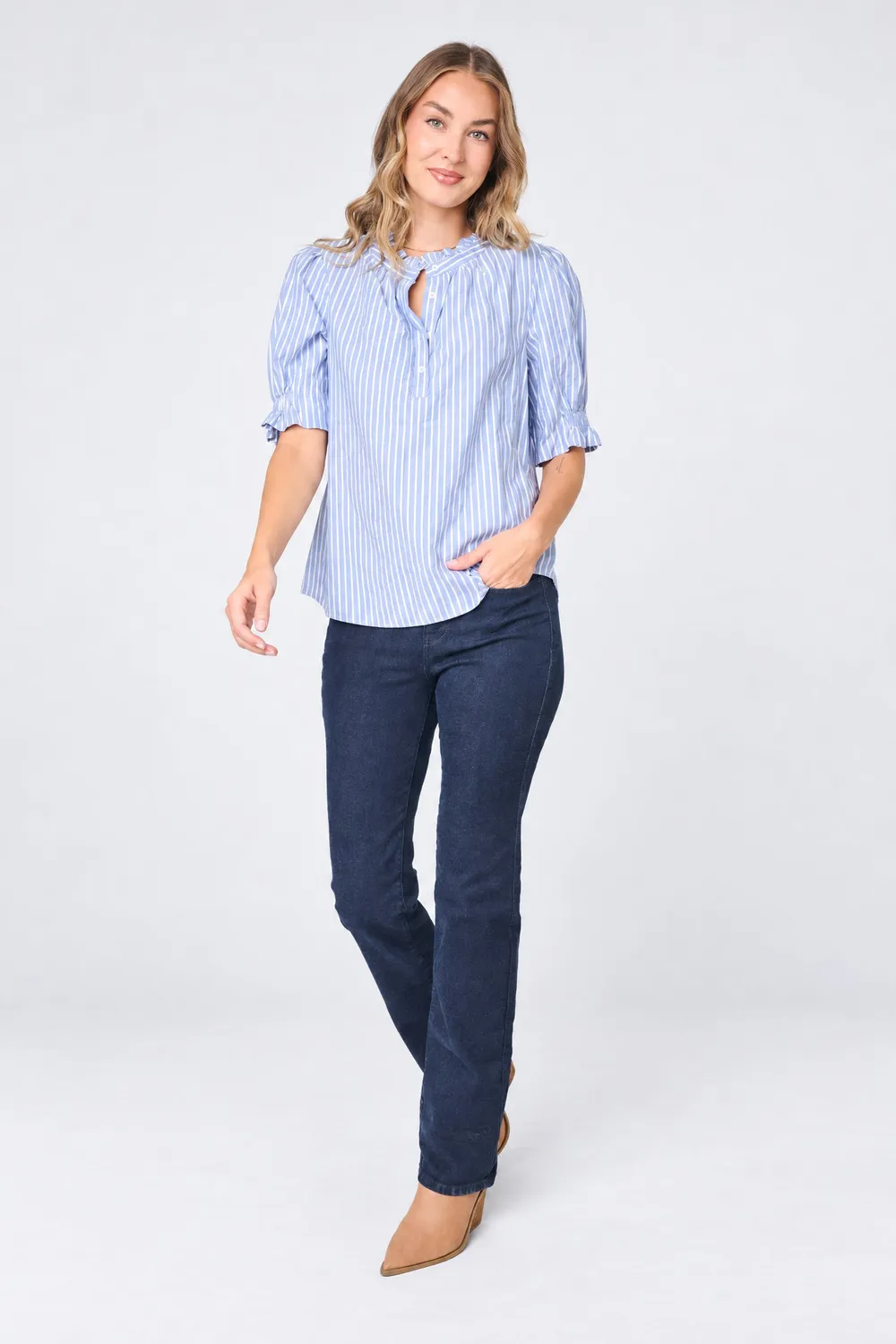 Gibsonlook Dianthus Henley Bluse French Blue Stripe