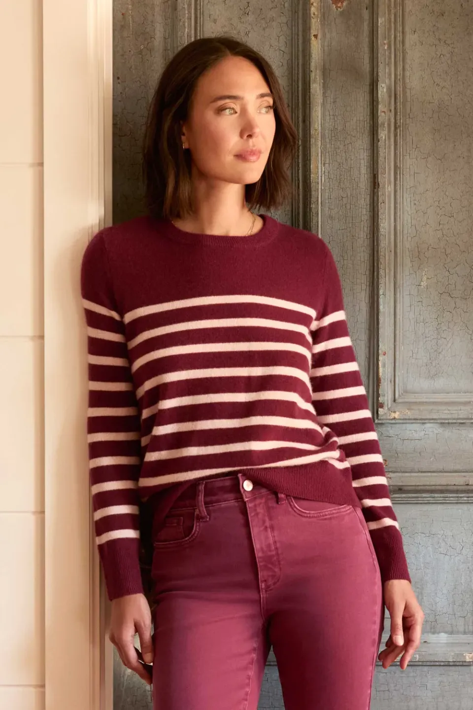 NYDJ Striped Cashmere Pullover Burgundy Combo Gestreift