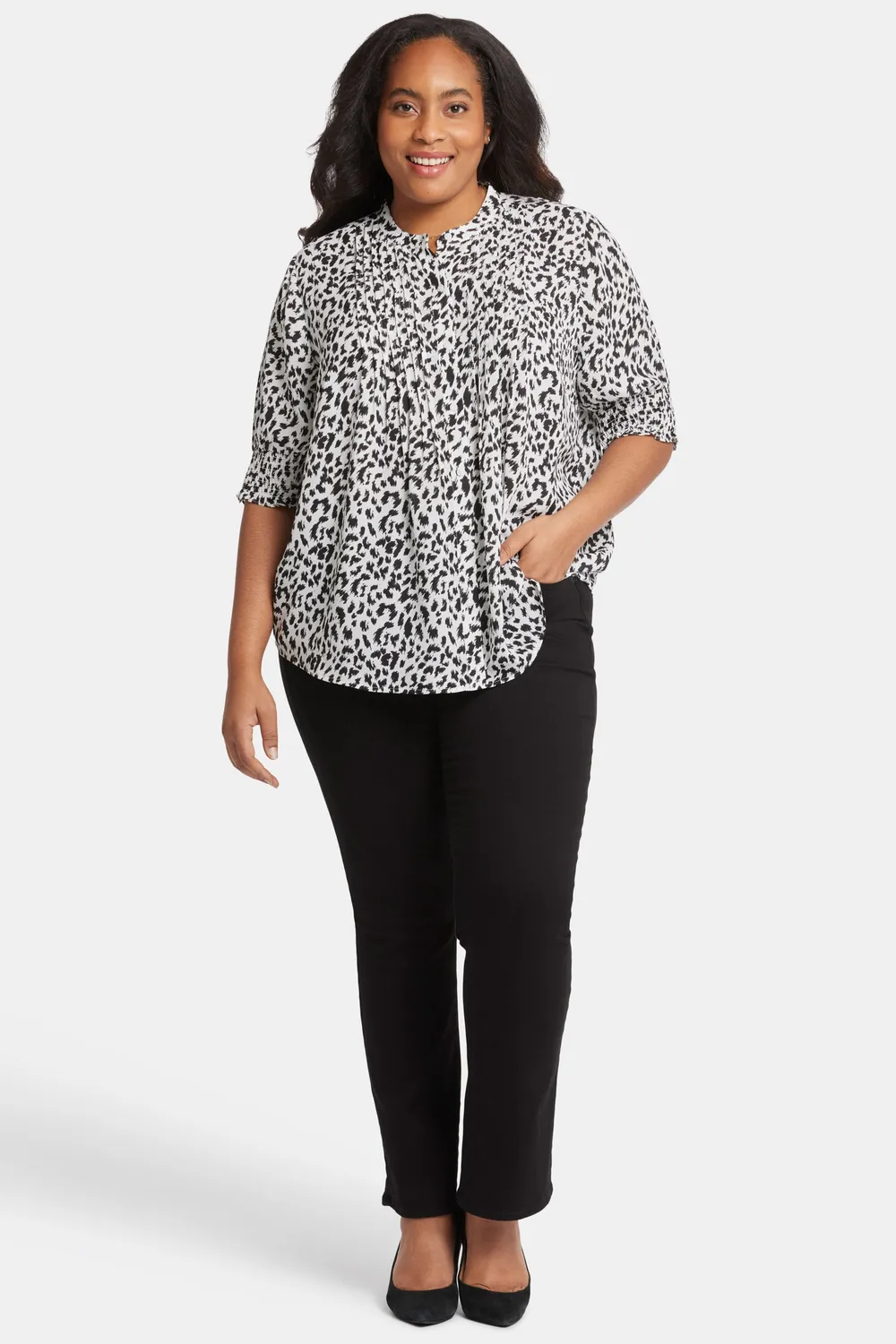 NYDJ Pleated Peasant Blouse In Plus Size Gato Bluse Schwarz Falten