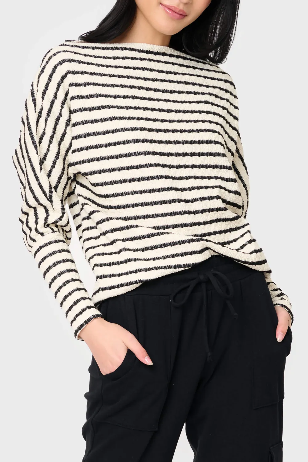 Gibsonlook Slouchy Open Neck Stricktop Natural Black Stripe