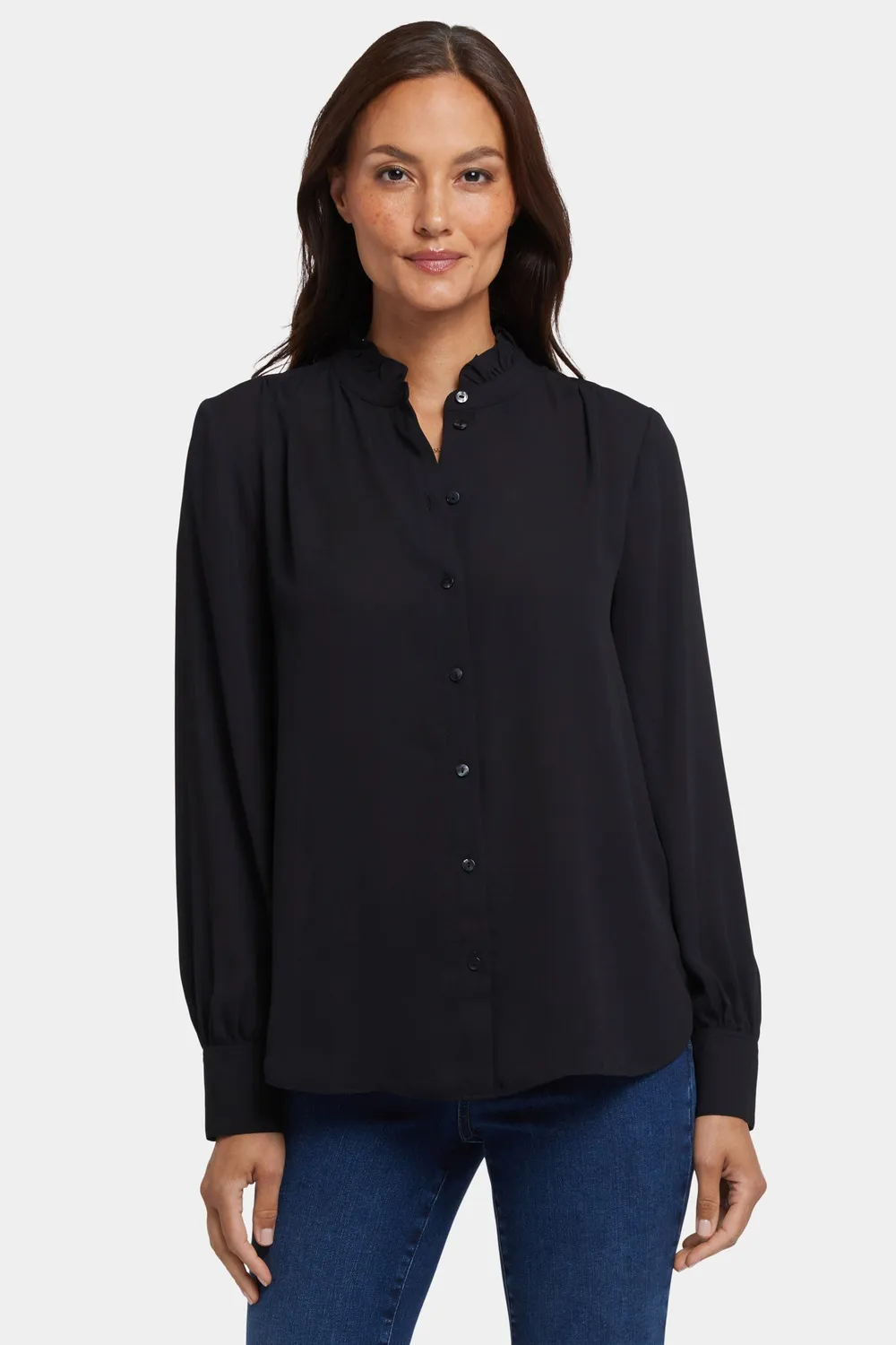 NYDJ Ruffle Neck Bluse Schwarz Rüschenkragen