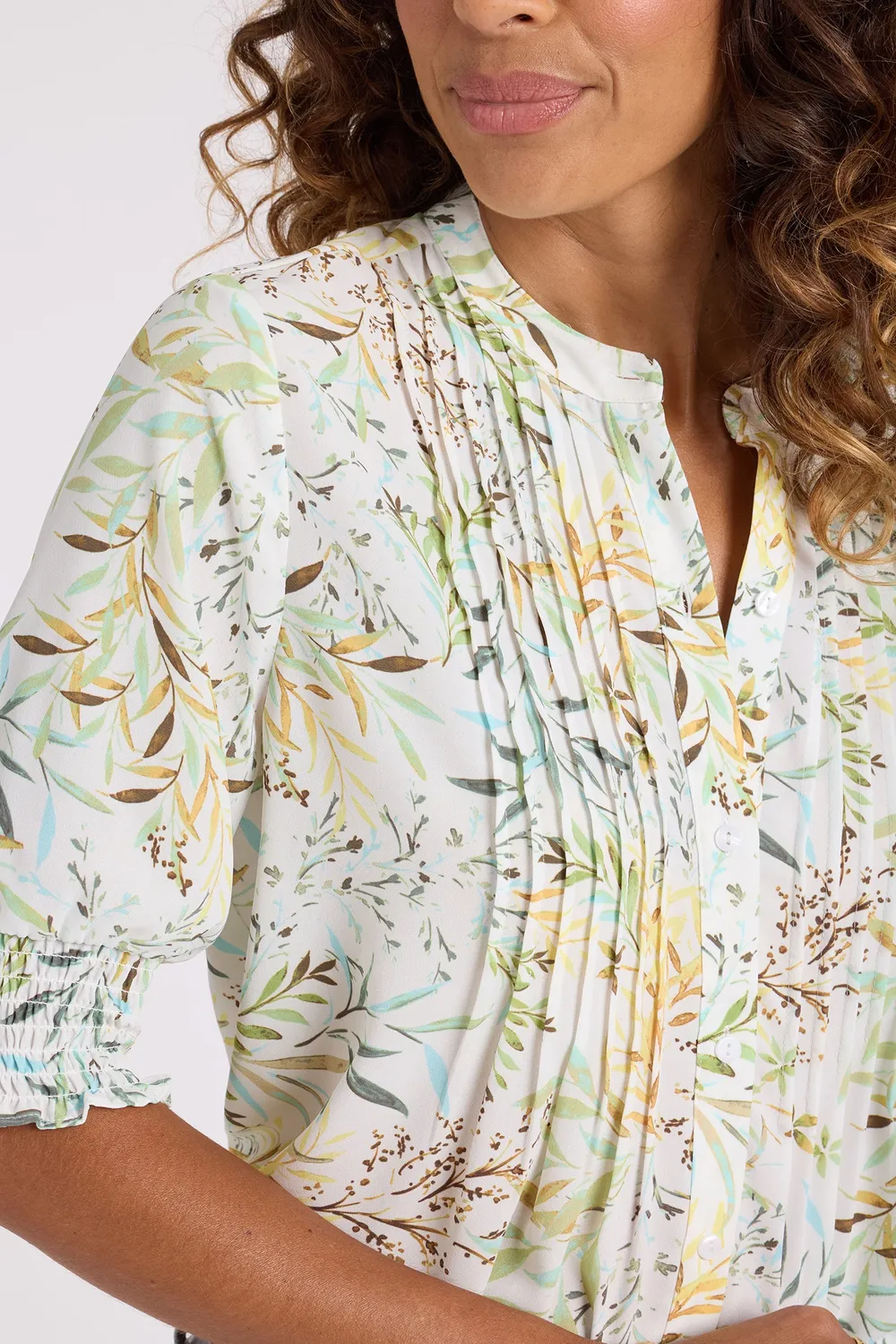NYDJ Plissee Bluse kurzarm Chateau Jardin Gelb