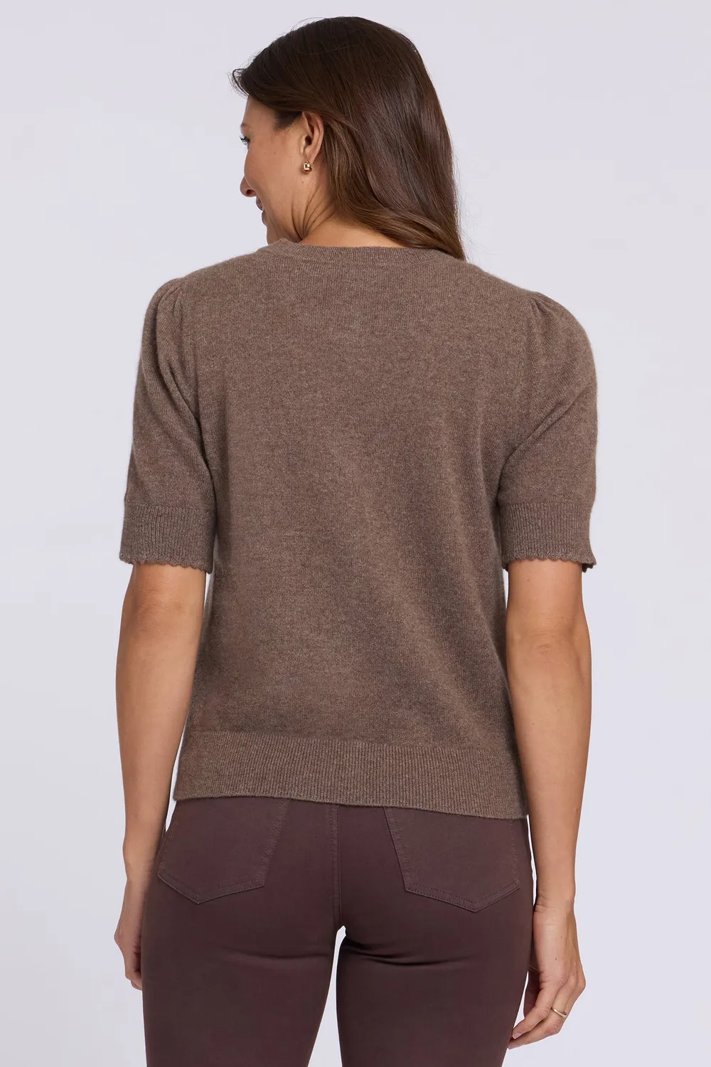 NYDJ Cashmere Short Sleeved Crewneck Cardigan Strickjacke Sepia