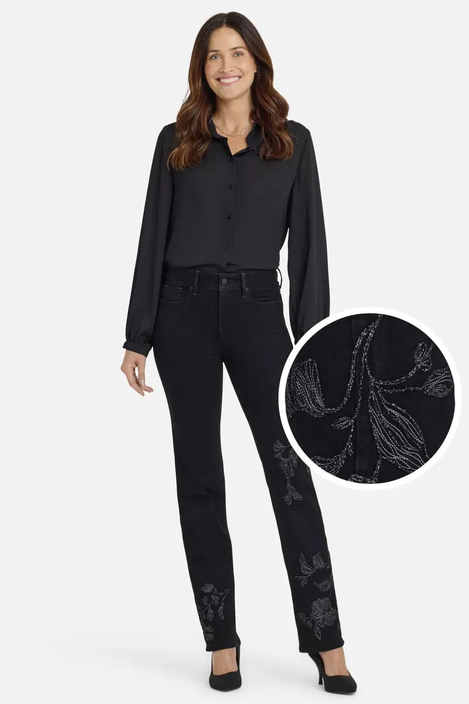 NYDJ Marilyn Straight Jeans Black Rinse Stickerei