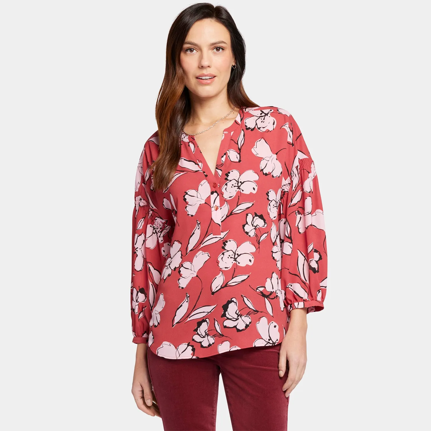 NYDJ Paulina Bountiful Bluse Rot Multi mit Knopfleiste
