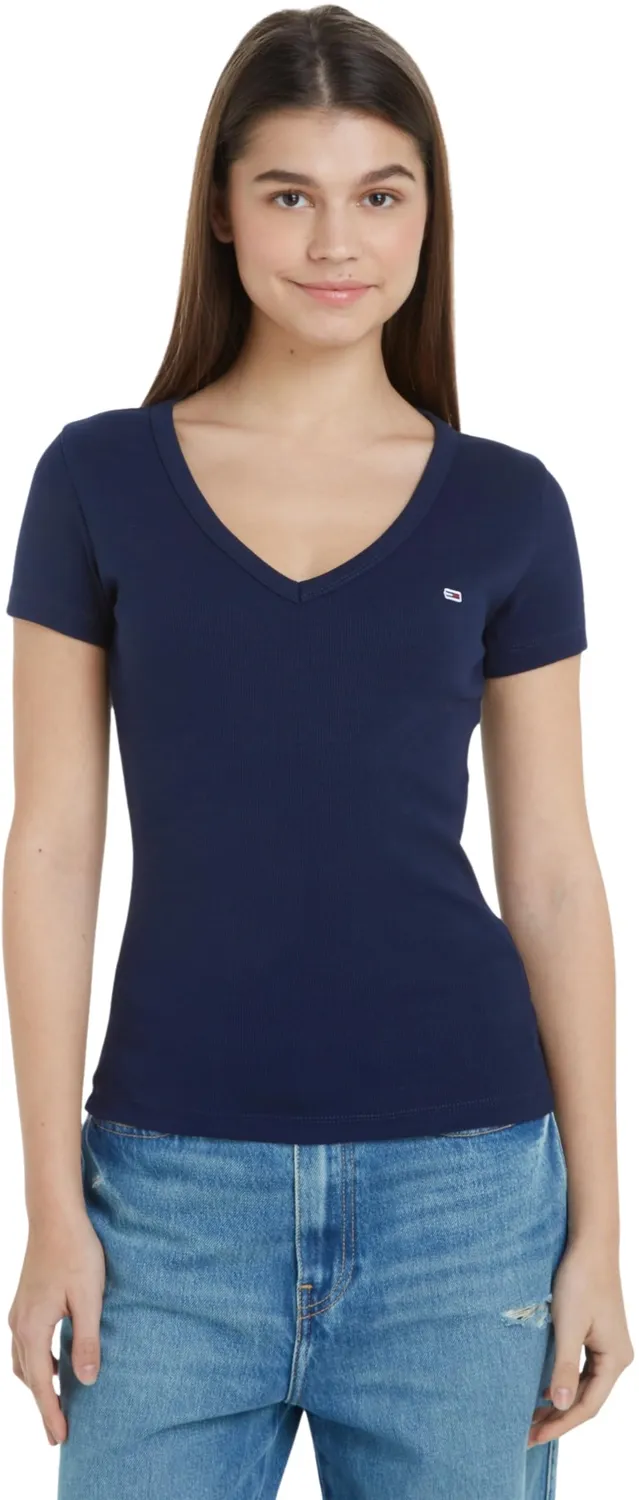 Tommy Jeans Essential Rib V-Ausschnitt T-Shirt Damen Schwarz Slim