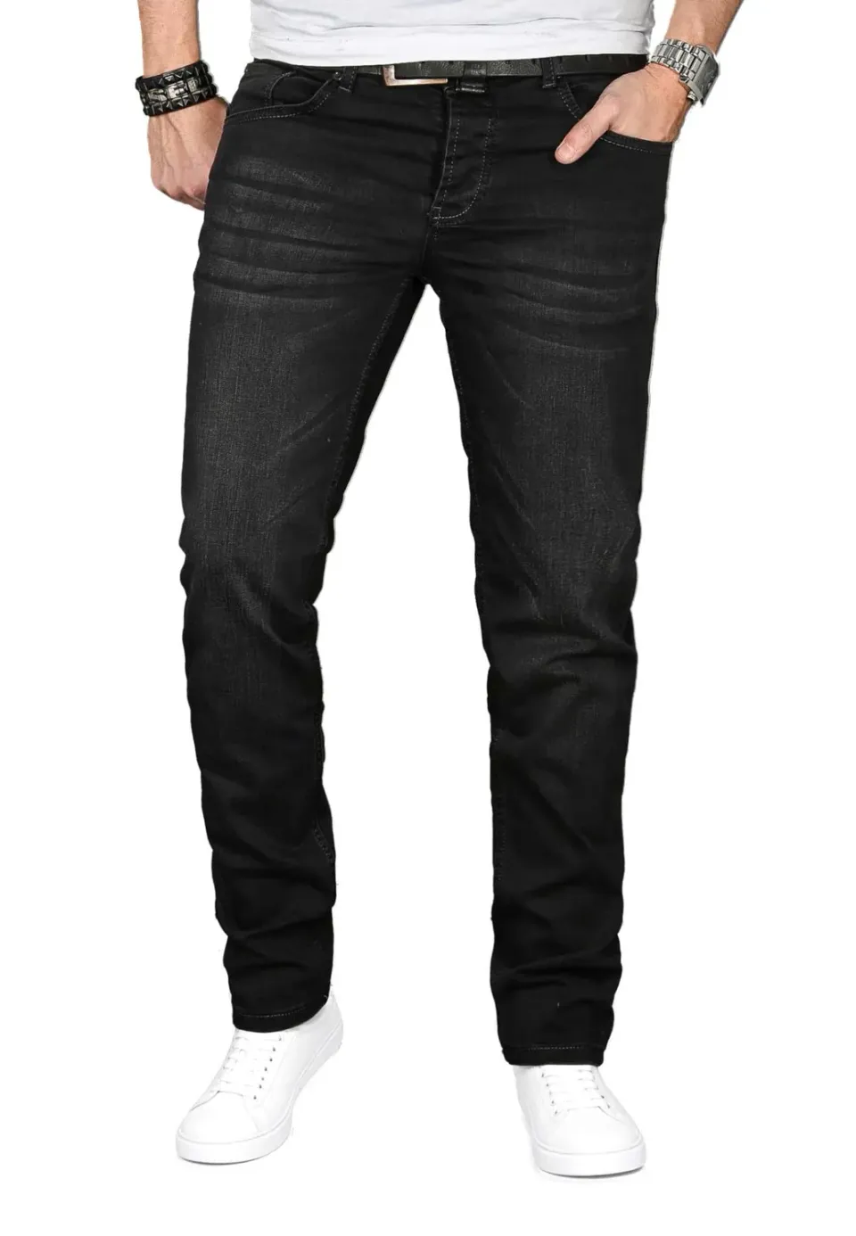 Alessandro Salvarini Herren Slim Fit Jeans Stretch Dunkelblau Washed