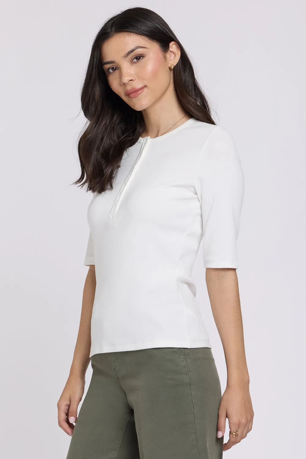 NYDJ Ribbed Elbow Sleeved Henley Shirt Optic White