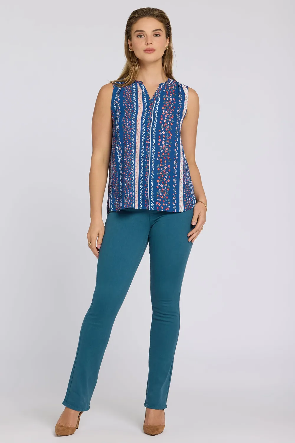 NYDJ Pintuck Ärmellose Bluse Floral Ribbons