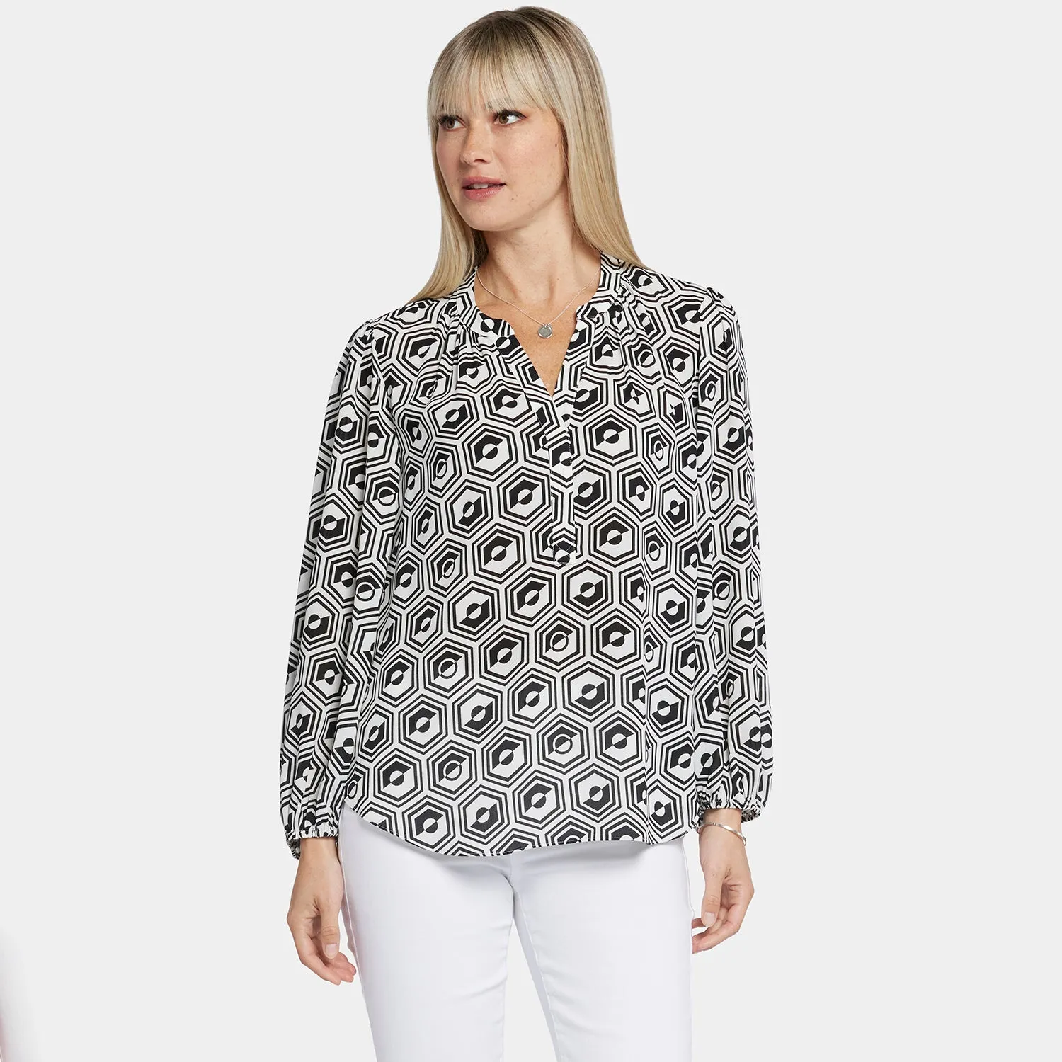 NYDJ Puff Sleeve Popover Bluse Night Owl luftig