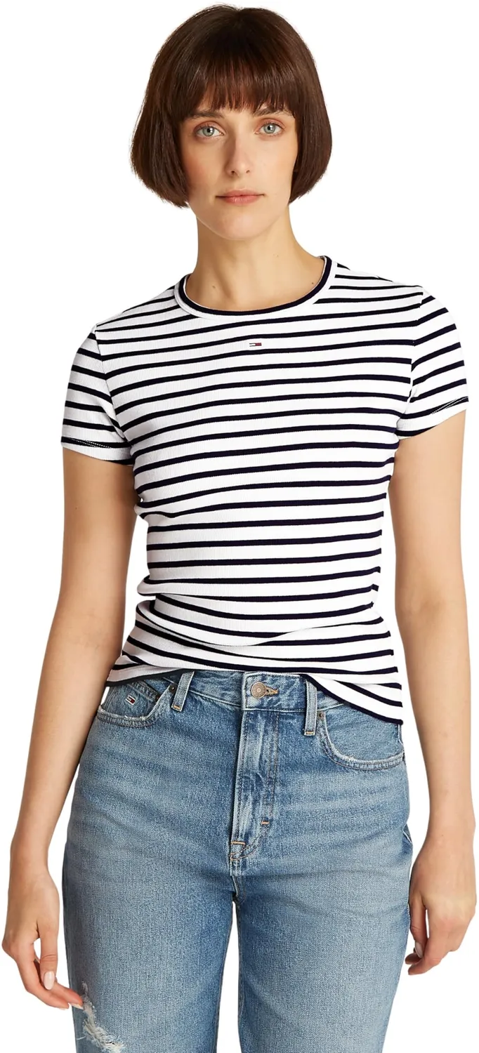 Tommy Jeans Essential Rib Slim Fit T-Shirt Damen Weiß Ripp