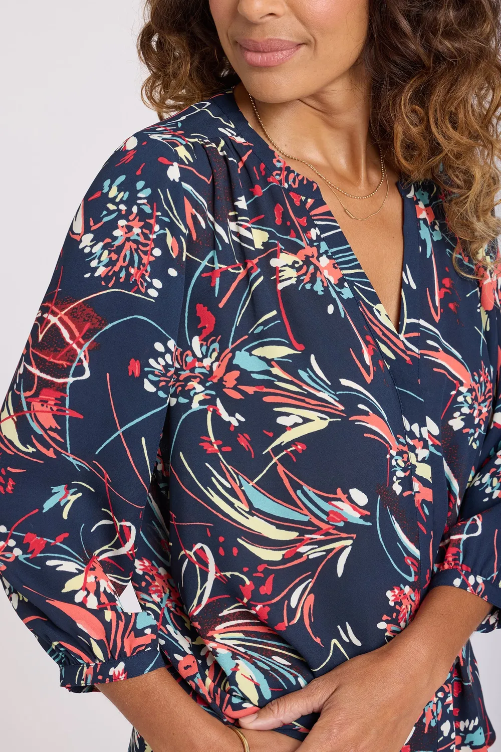 NYDJ Pintuck Bluse Blooming Potpourri Blau-Multi 3/4 Arm